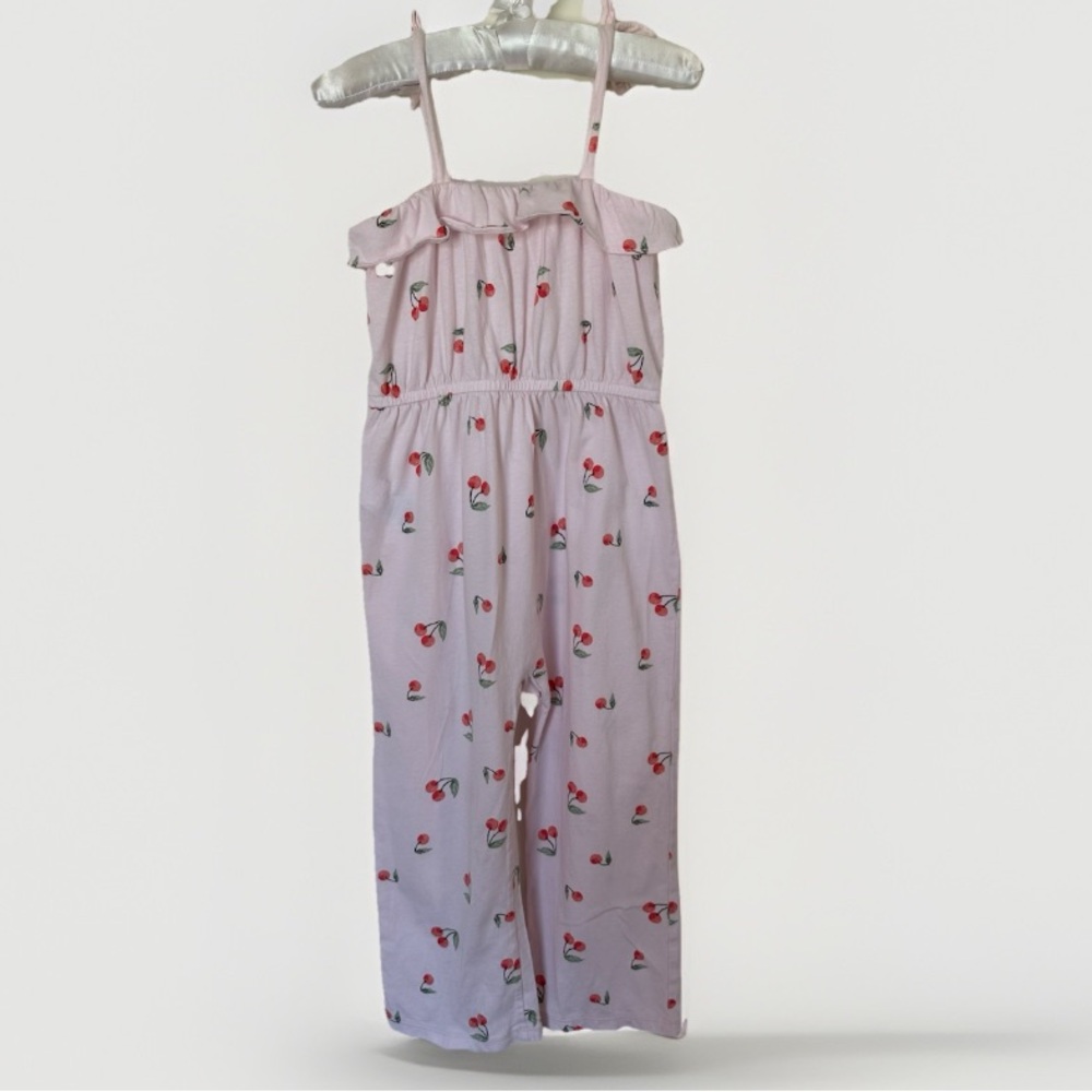 Old Navy Cherry Romper Size 5 Pink Tie Strap Wide Leg Cotton Cute Summer